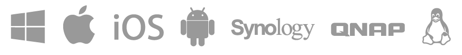 Supported platform logos: Windows, macOS, iOS, Android, Synology, QNAP, ASUSTOR, Linux